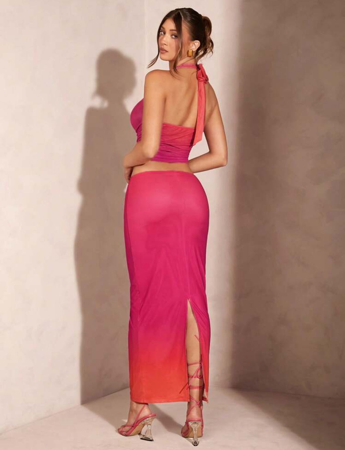 Ensemble tenue d'été pour femme, débardeur drapé tie-dye rose et orange, jupe longue moulante maxi en tulle avec fente haute
