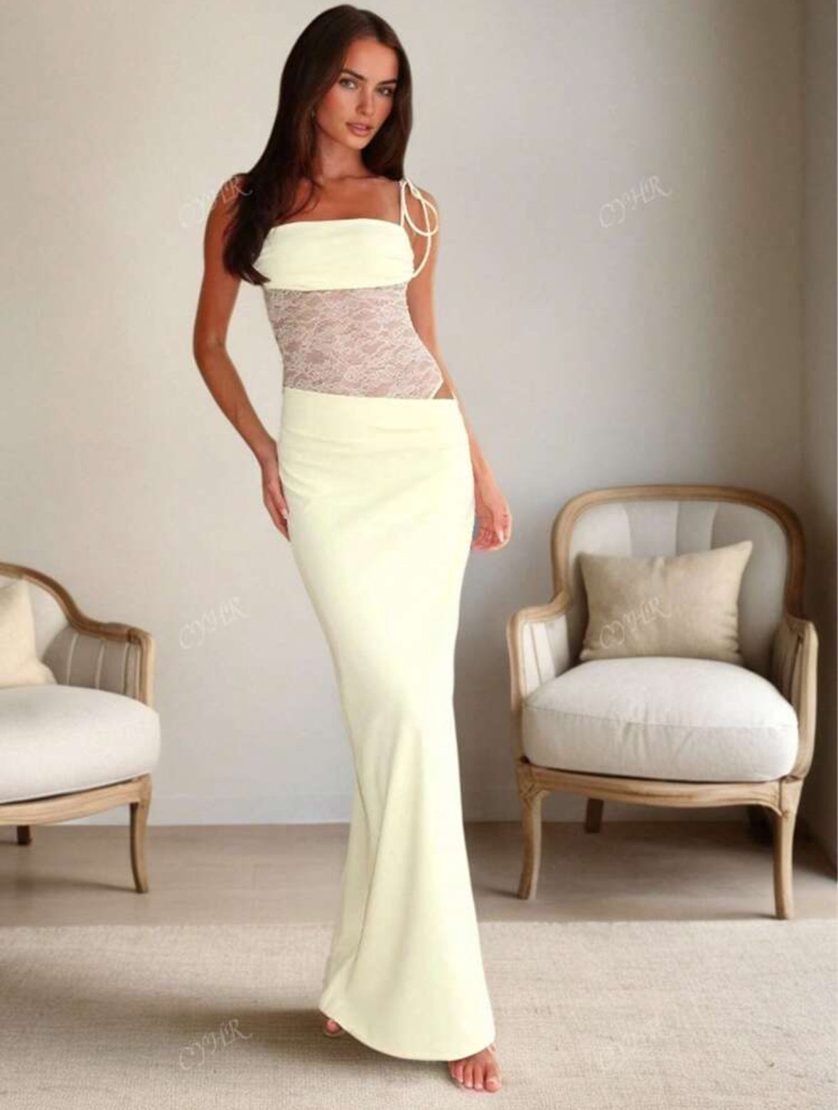 Robe maxi de soirée élégante et sexy avec détail en dentelle et épaules nouées, style sirène