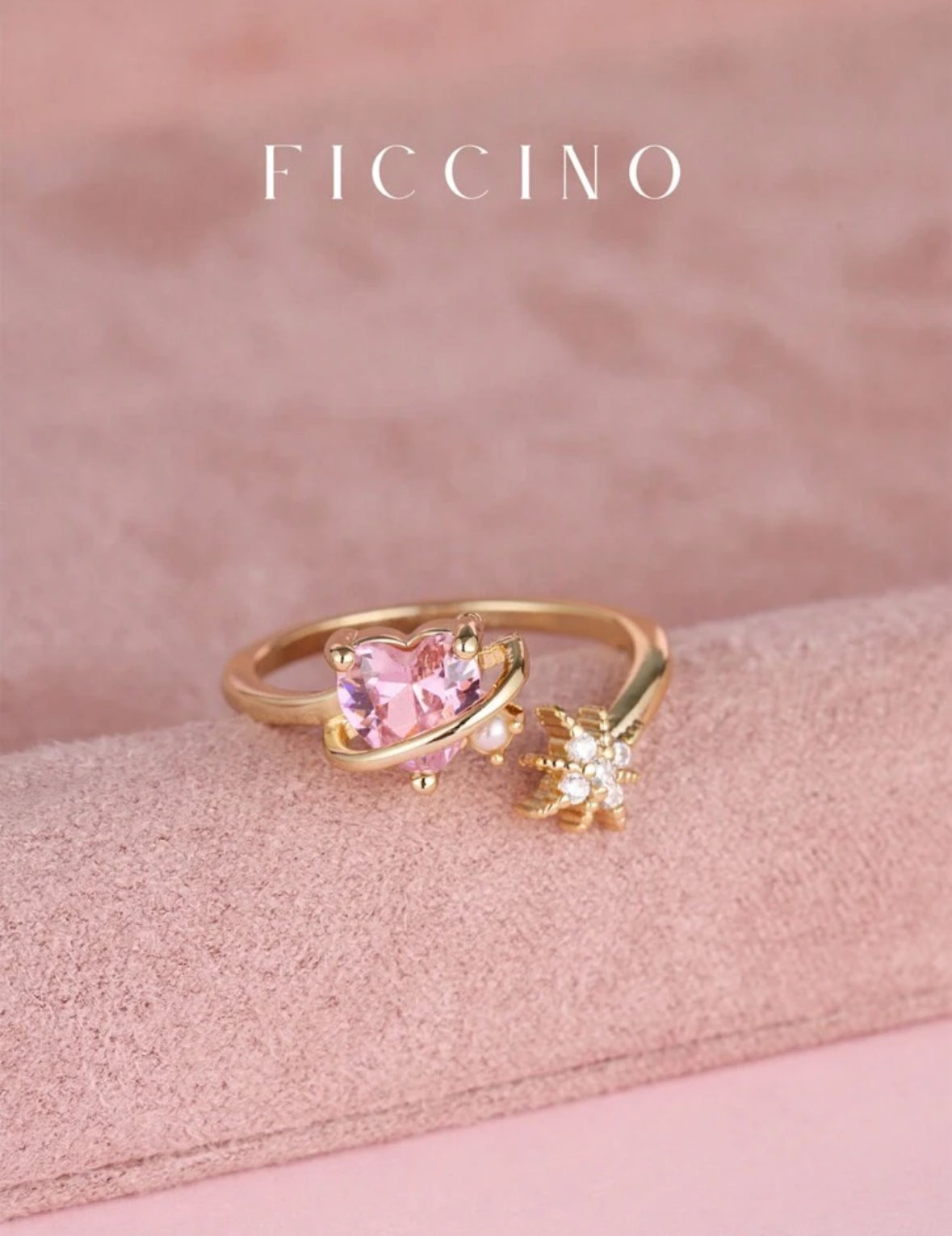 Bague ajustable
FICCINO en forme de cœur rose plaquée or avec cubique zircone