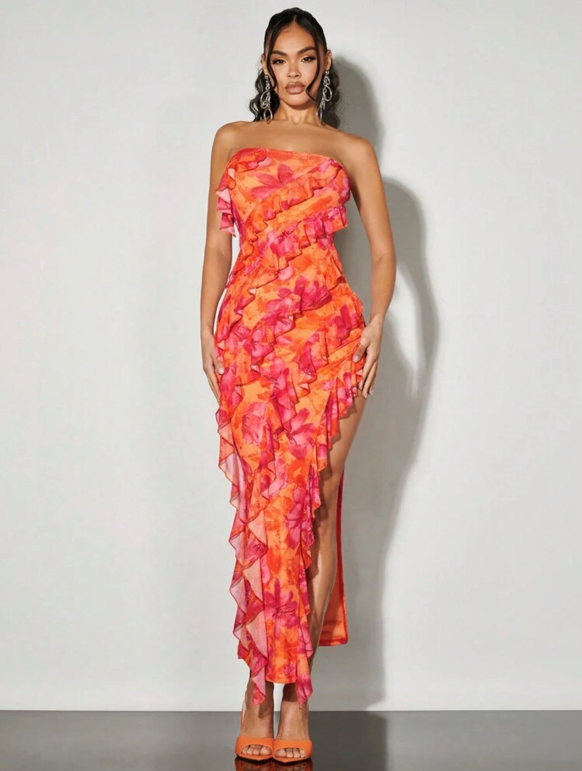 SHEIN BAE - Robe moulante bustier fendue, à fleurs de roses orangées-rouges, avec volants