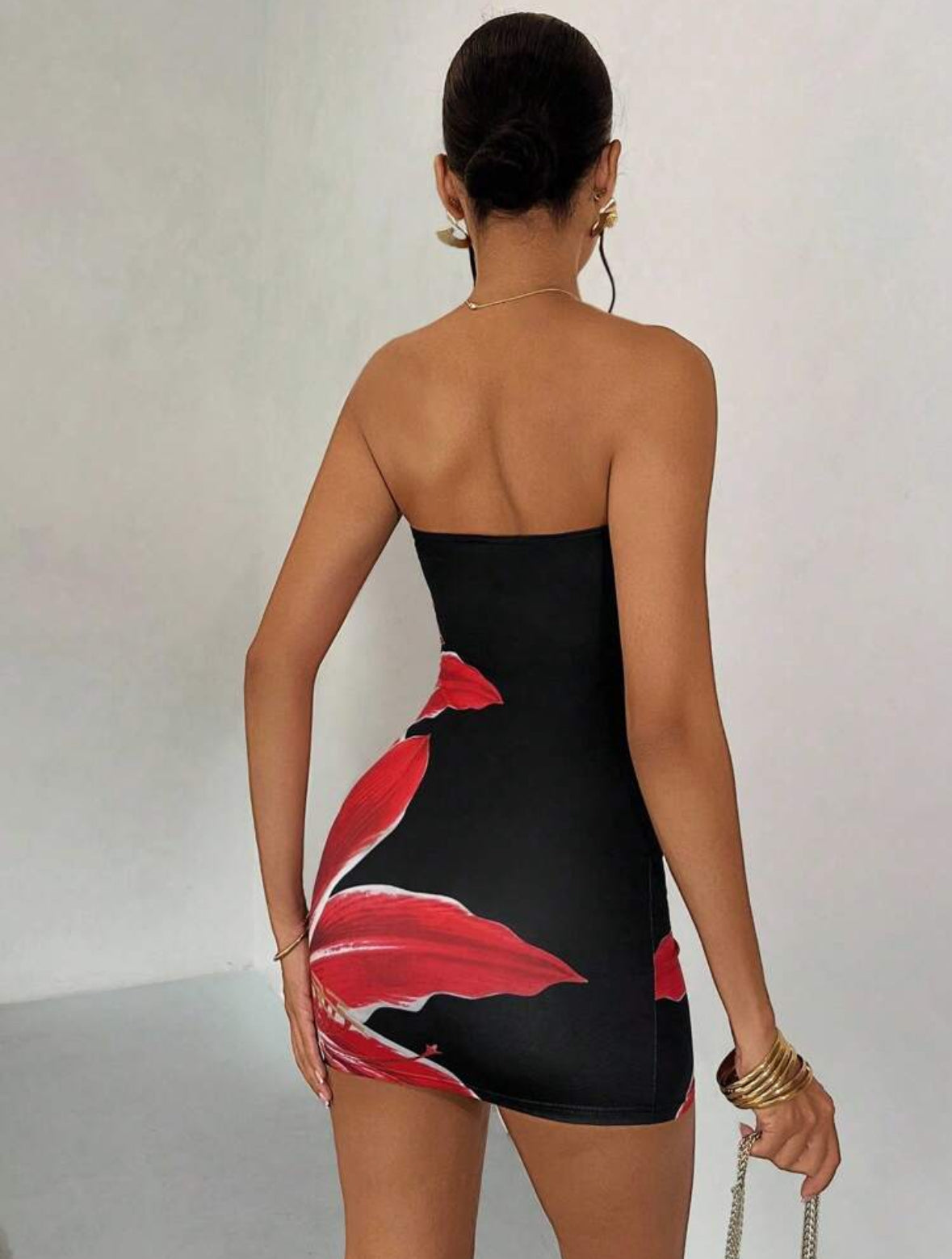 Glamine Robe mini noire à imprimé floral rouge sexy
