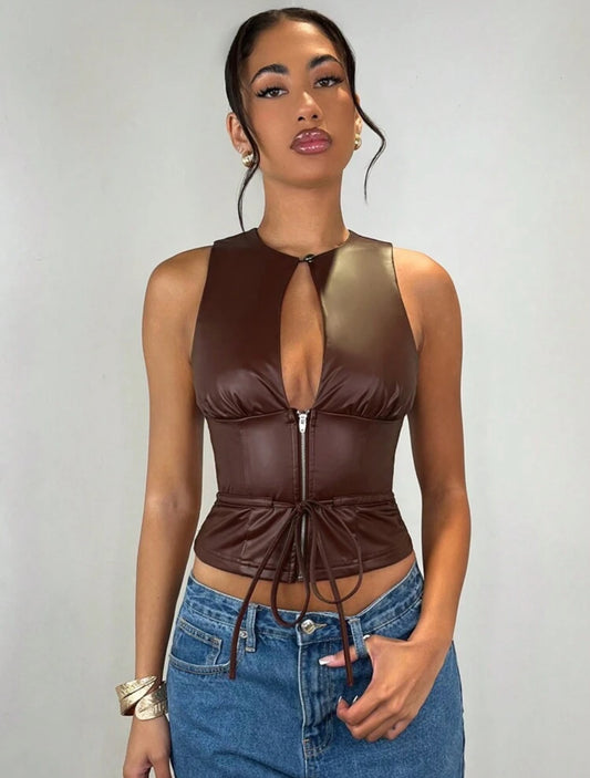 SHEIN BAE - Top court ajusté en
PU marron, avec fermeture