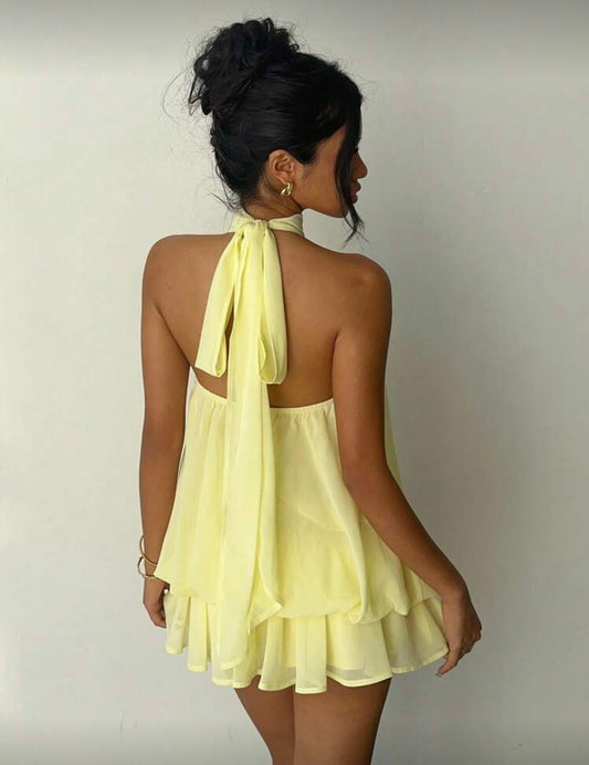 Aloruh - Robe mini
élégante en mousseline de soie jaune beurre