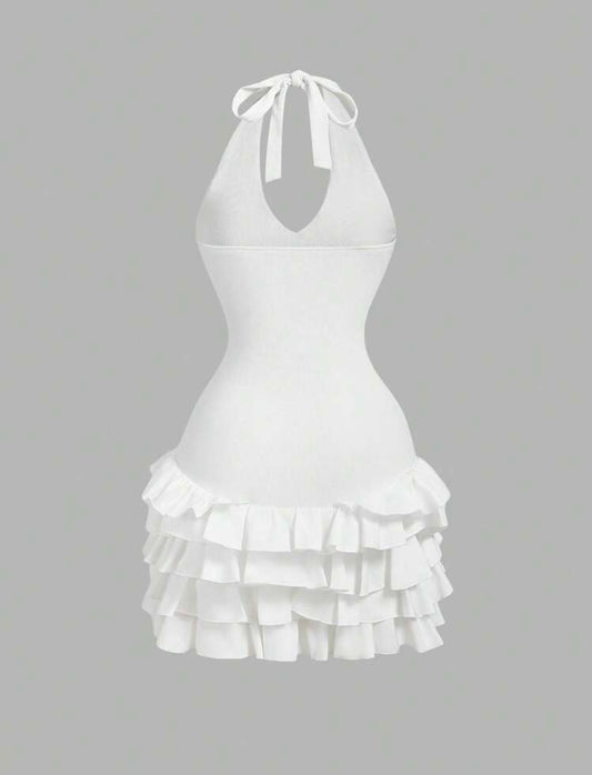 SHEIN - MOD Robe courte moulante
ras-du-cou de couleur unie à froufrou