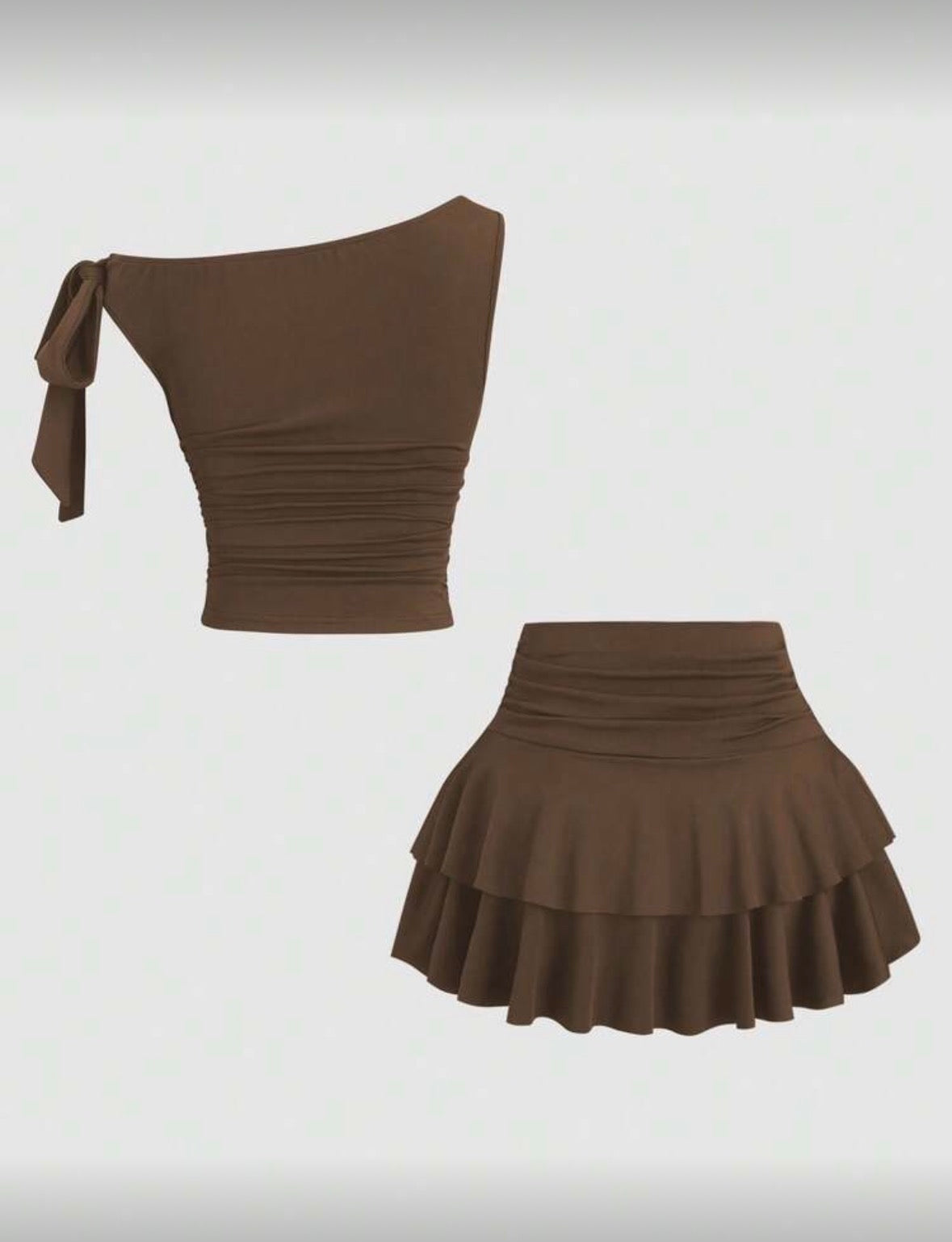 Sweetra - Ensemble débardeur métallique bronze floral et mini-jupe plissée à plusieurs couches