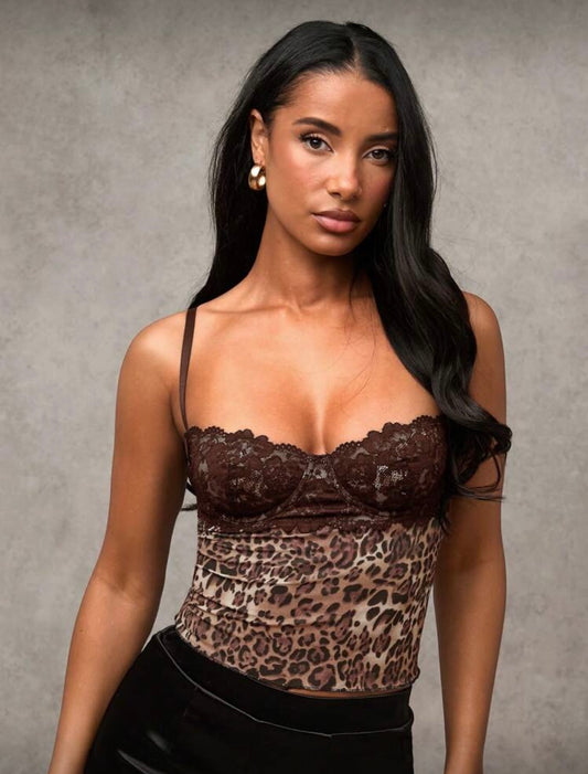 SHEIN BAE - Débardeur sexy pour femme à motif léopard marron en maille et patchwork de dentelle marron