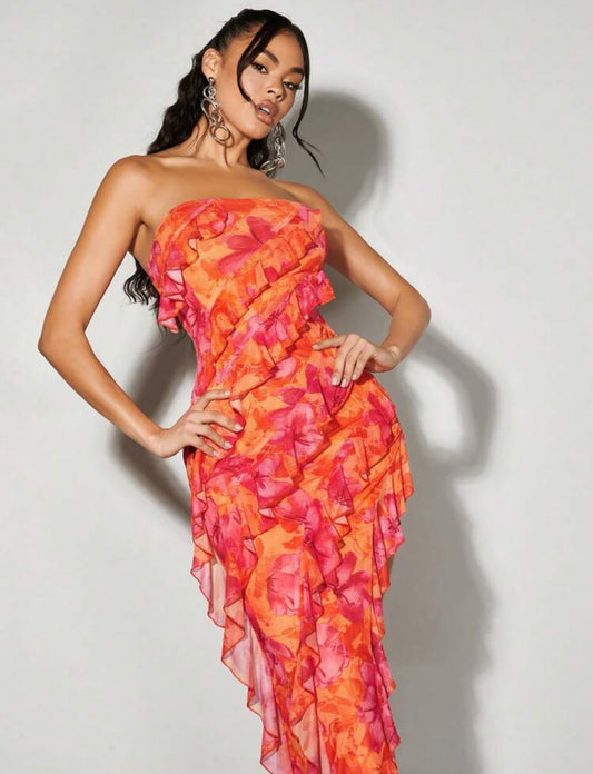 SHEIN BAE - Robe moulante bustier fendue, à fleurs de roses orangées-rouges, avec volants