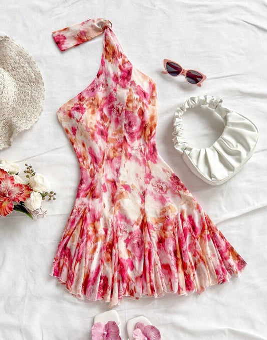 SHEIN WYWH - Robe mini sexy avec nœud, imprimé floral tie-dye