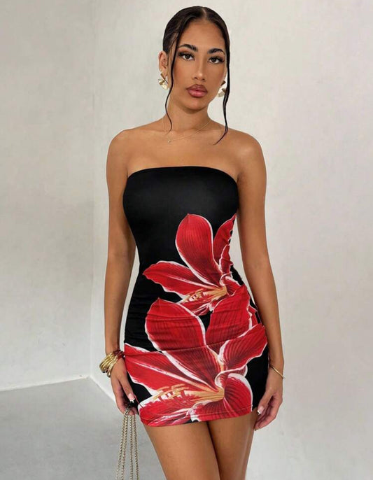 Glamine Robe mini noire à imprimé floral rouge sexy