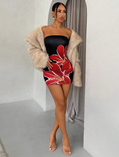 Glamine Robe mini noire à imprimé floral rouge sexy