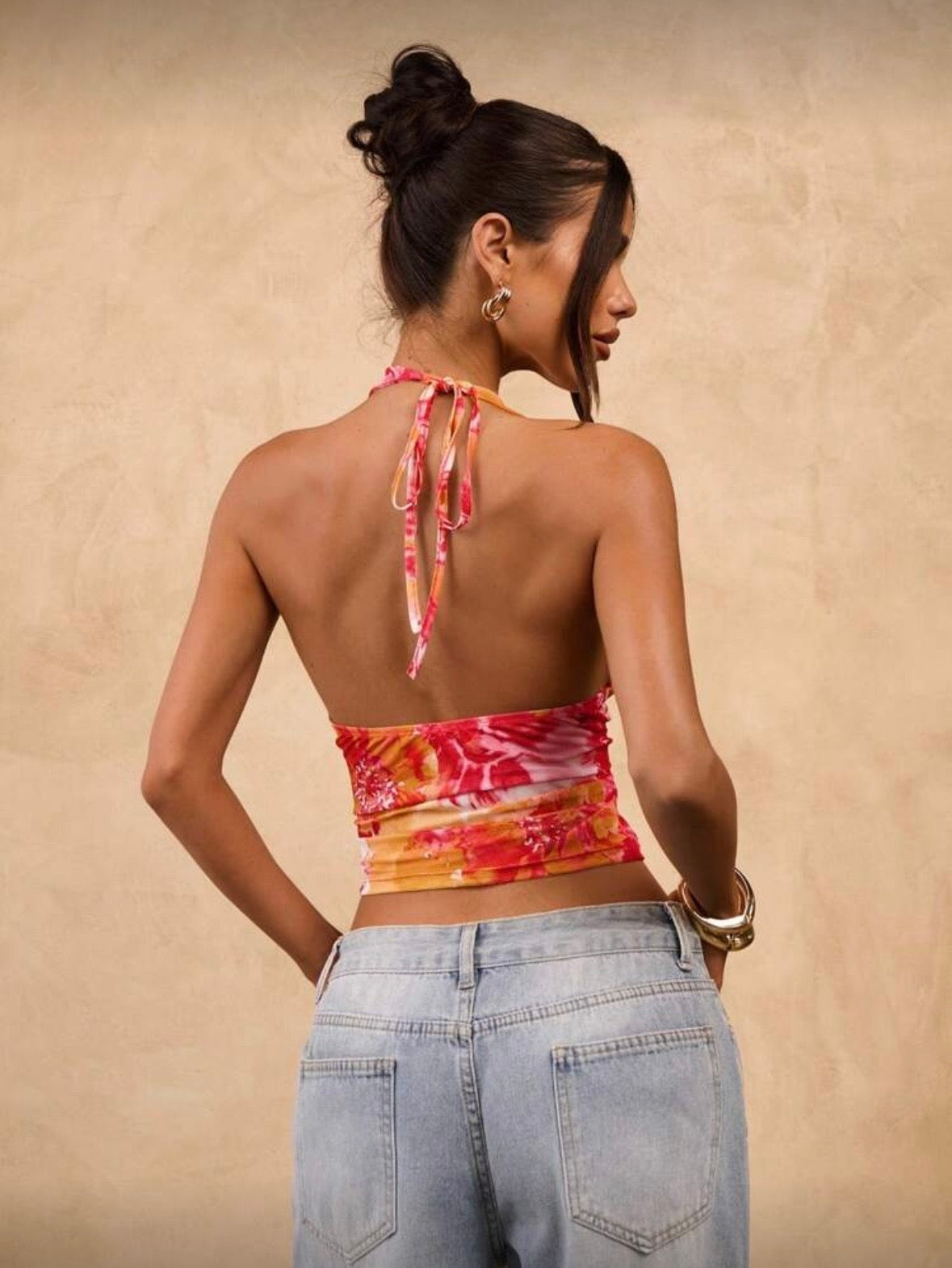 SHEIN BAE Top court style dos nu à fleurs sexy avec col en Rouge