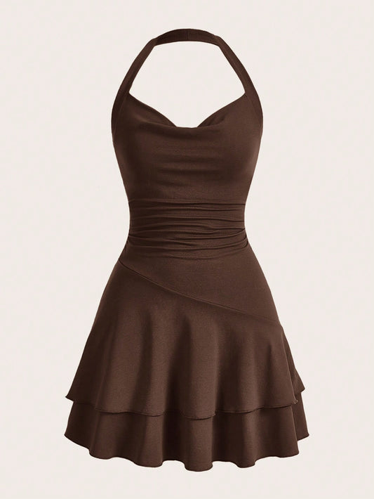 SHEIN MOD Robe à col drapé, à double couche, avec volant à ourlet, col montant, plissée, robe d'été