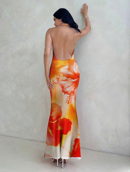 Aloruh - Robe décontractée à imprimé floral d'hibiscus orange
