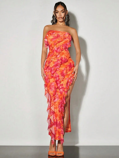 SHEIN BAE - Robe moulante bustier fendue, à fleurs de roses orangées-rouges, avec volants