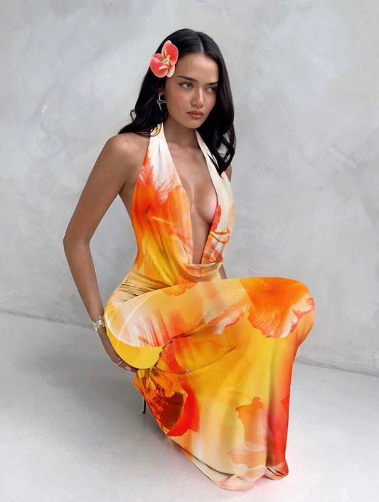 Aloruh - Robe décontractée à imprimé floral d'hibiscus orange