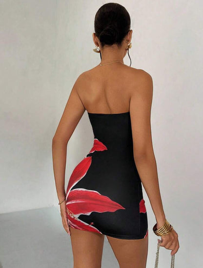 Glamine Robe mini noire à imprimé floral rouge sexy