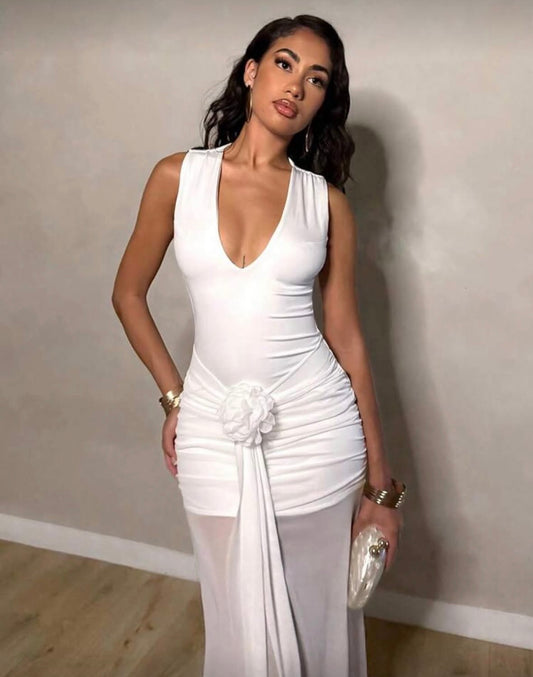 Glamine Robe longue blanche à col V sexy sans manches, robe d'été, tenue de soirée blanche pour femme