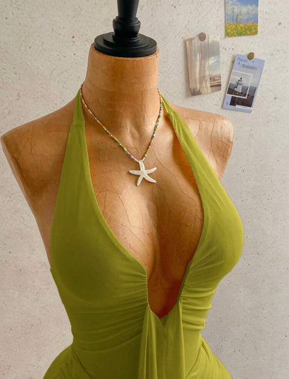 Soleia - Robe mini décontractée de
vacances sexy, col en V avec nœud papillon, froncée