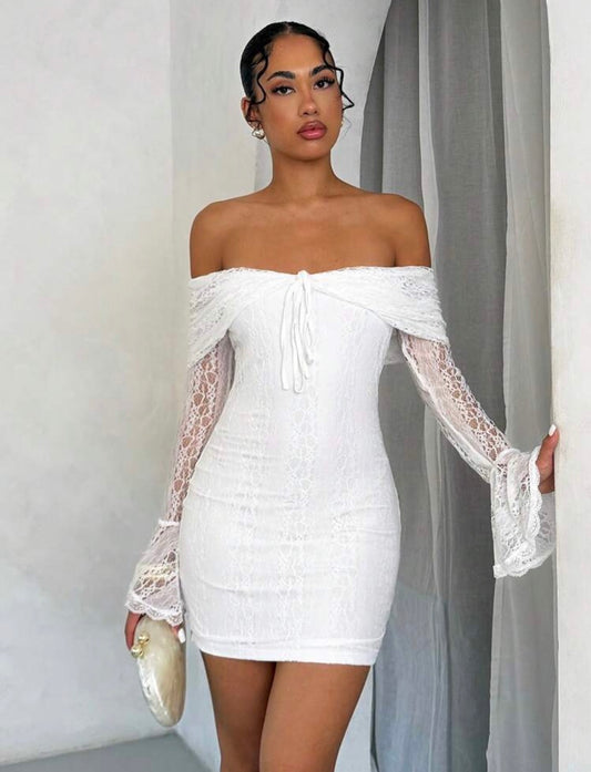 SHEIN BAE - Robe élégante et minimale pour femmes avec épaules dénudées, nœud papillon, bordure en dentelle