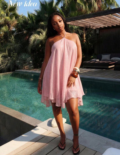 Robe mini évasée à fines bretelles rose, ample et fluide sans manches
