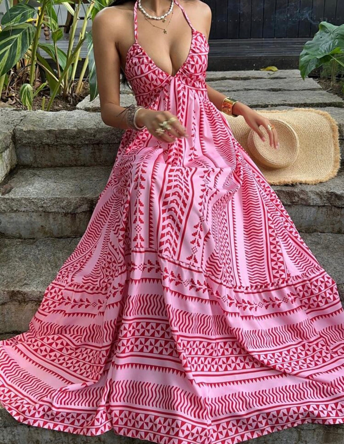 Sunnyshic - Robe de vacances dos nu à encolure V profonde, taille cintrée, imprimé numérique rose