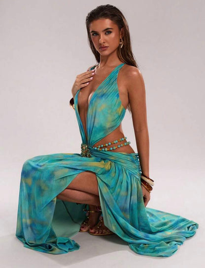 Robe longue imprimée, avec décoration de chaîne de perles et dos ouvert