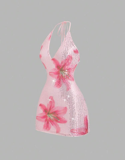 Sweetra - robe mini élégante, avec imprimé floral et paillettes, col en V et dos nu