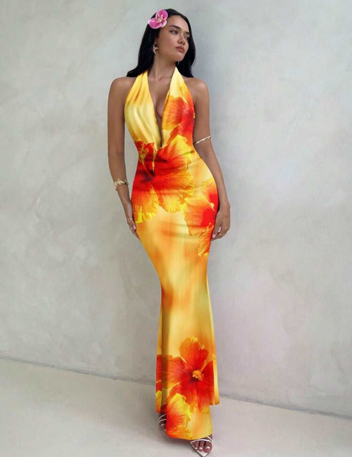 Aloruh - Robe décontractée à imprimé floral d'hibiscus orange