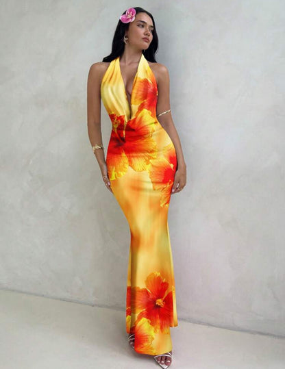 Aloruh - Robe décontractée à imprimé floral d'hibiscus orange