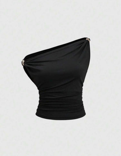 Sweetra - Top polyvalent couleur unie, avec design asymétrique plissé au cou