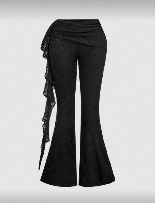 SHEIN MOD - Pantalon évasé en dentelle décontracté pour femmes, couleur unie