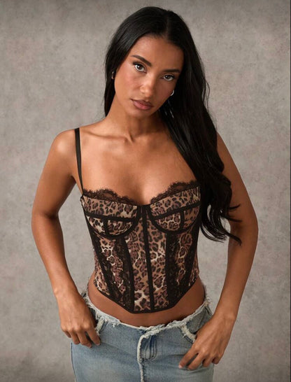 SHEIN x Ludmilla - Débardeur sexy en maille à imprimé léopard marron avec bordure en dentelle