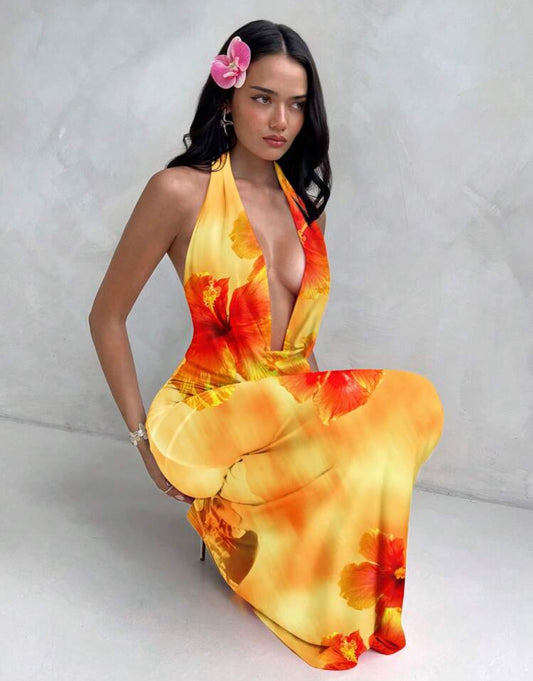 Aloruh - Robe décontractée à imprimé floral d'hibiscus orange