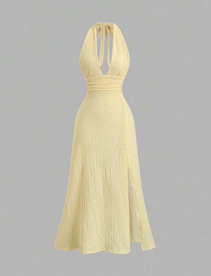 Sweetra - Robe moulante fendue de couleur unie à col en V profond et dos nu