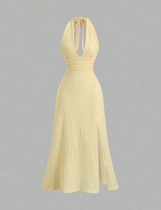 Sweetra - Robe moulante fendue de couleur unie à col en V profond et dos nu
