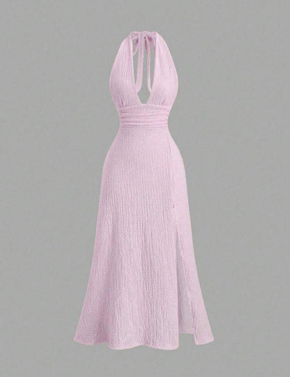 Sweetra - Robe moulante fendue de couleur unie à col en V profond et dos nu