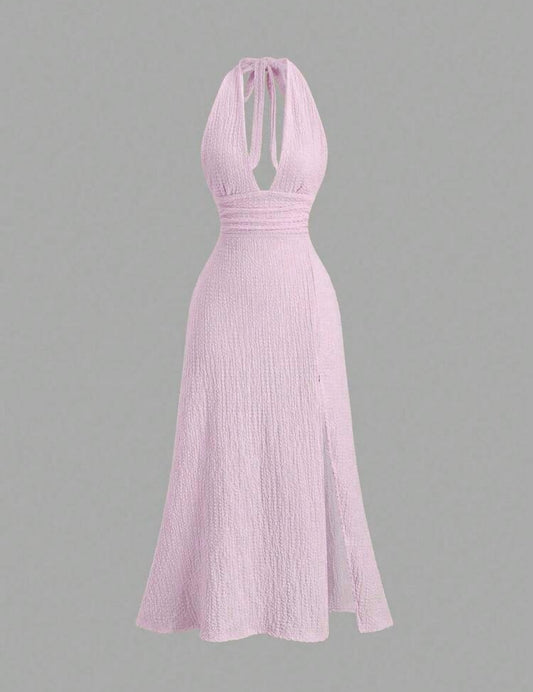 Sweetra - Robe moulante fendue de couleur unie à col en V profond et dos nu