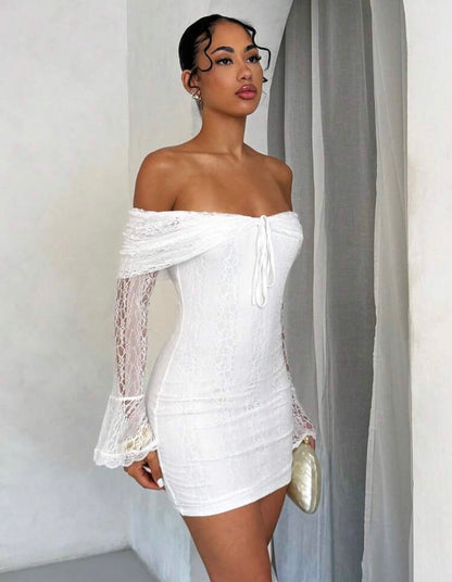SHEIN BAE - Robe élégante et minimale pour femmes avec épaules dénudées, nœud papillon, bordure en dentelle