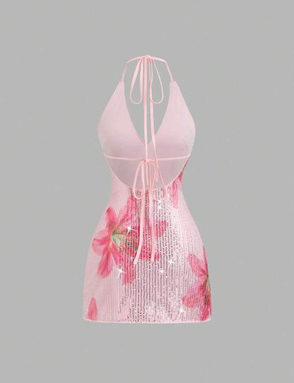 Sweetra - robe mini élégante, avec imprimé floral et paillettes, col en V et dos nu