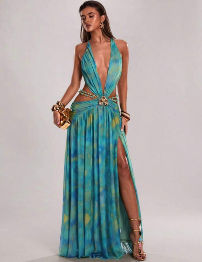 Robe longue imprimée, avec décoration de chaîne de perles et dos ouvert