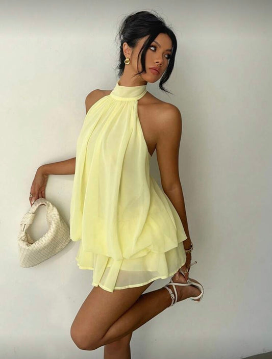 Aloruh - Robe mini
élégante en mousseline de soie jaune beurre