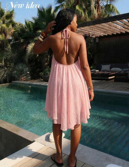 Robe mini évasée à fines bretelles rose, ample et fluide sans manches