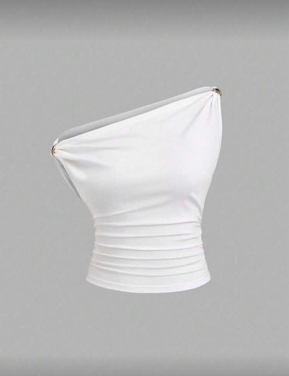 Sweetra - Top polyvalent couleur unie, avec design asymétrique plissé au cou