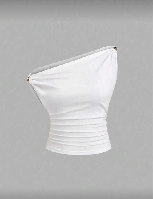 Sweetra - Top polyvalent couleur unie, avec design asymétrique plissé au cou