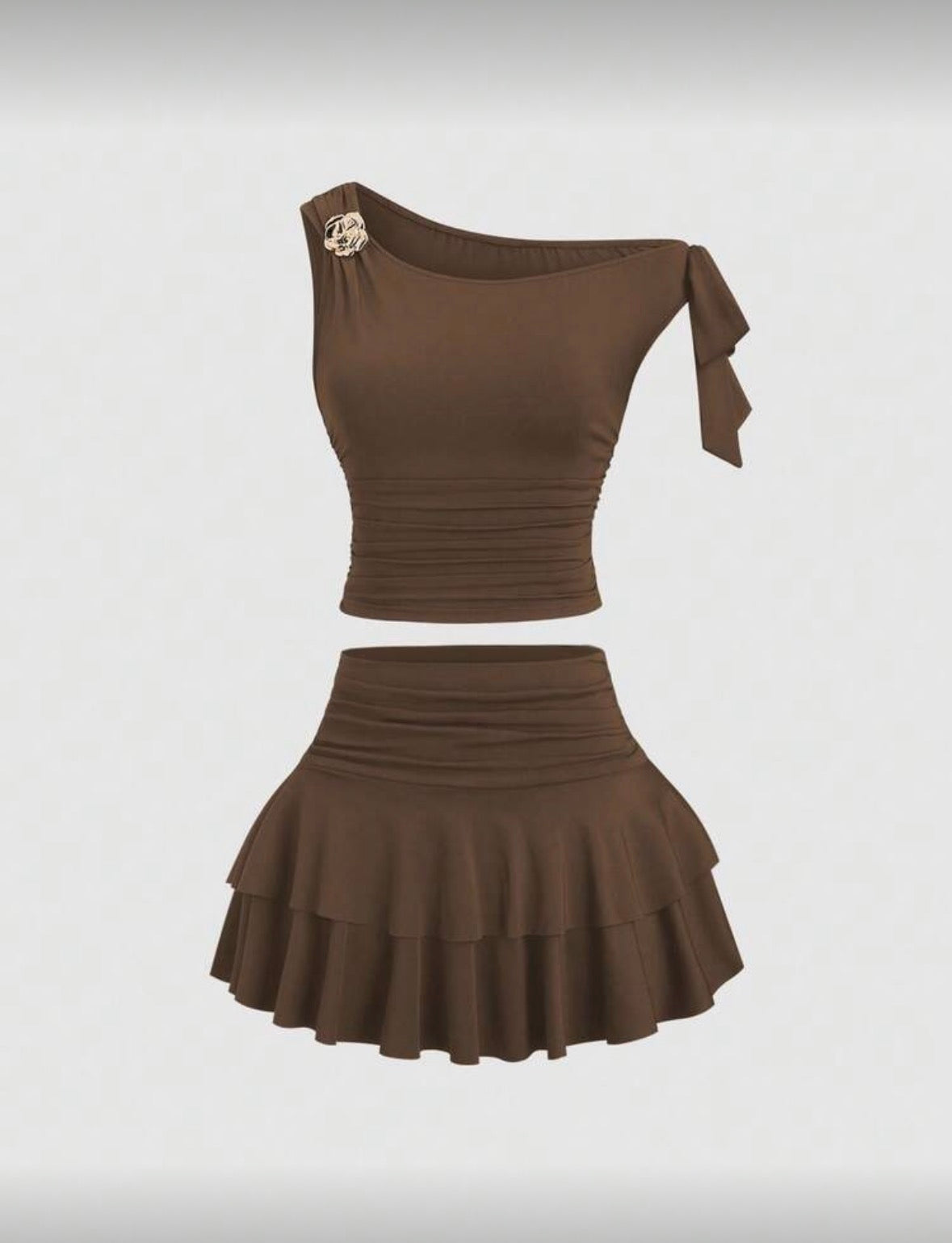 Sweetra - Ensemble débardeur métallique bronze floral et mini-jupe plissée à plusieurs couches
