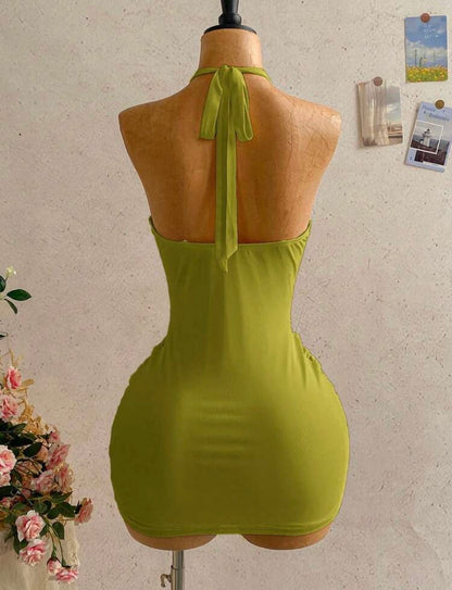 Soleia - Robe mini décontractée de
vacances sexy, col en V avec nœud papillon, froncée