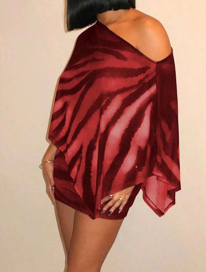Ensemble élégant 2 pièces pour femmes, top semi-transparent à encoulure asymétrique associé à une jupe imprimée zèbre