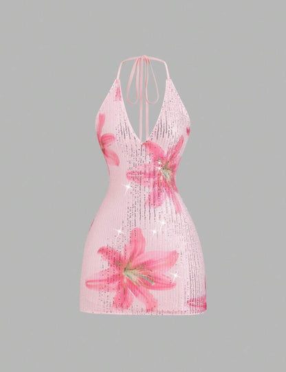 Sweetra - robe mini élégante, avec imprimé floral et paillettes, col en V et dos nu