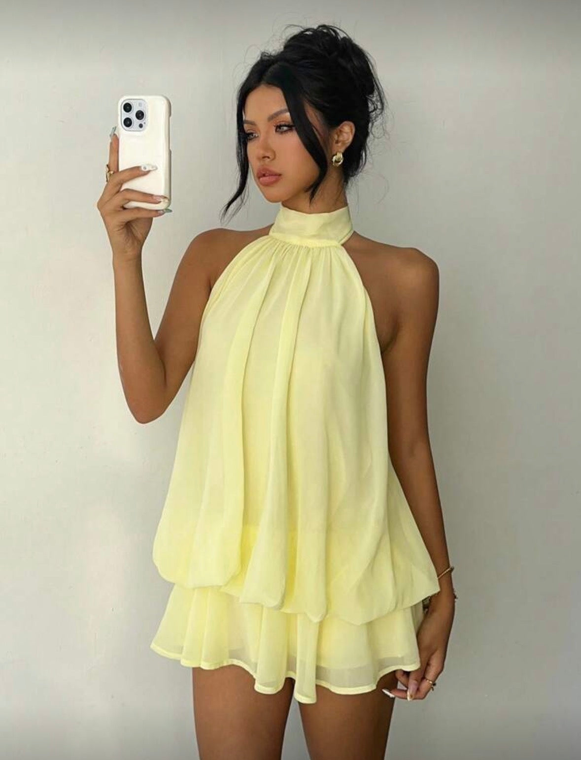 Aloruh - Robe mini
élégante en mousseline de soie jaune beurre